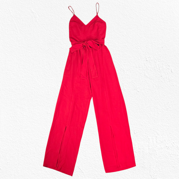 Dress the Population Red Rouge Stevie V Neck Wide Leg Belt Jumpsuit Size Medium - Picture 2 of 16